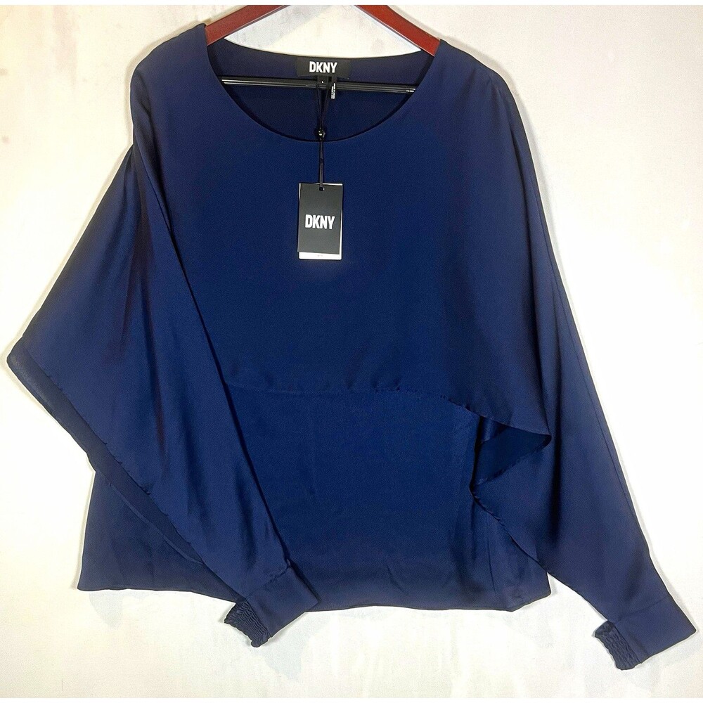 DKNY Women’s Blouse Long Sleeve Solid Navy Woven Polyester Ruffle Round Neck L